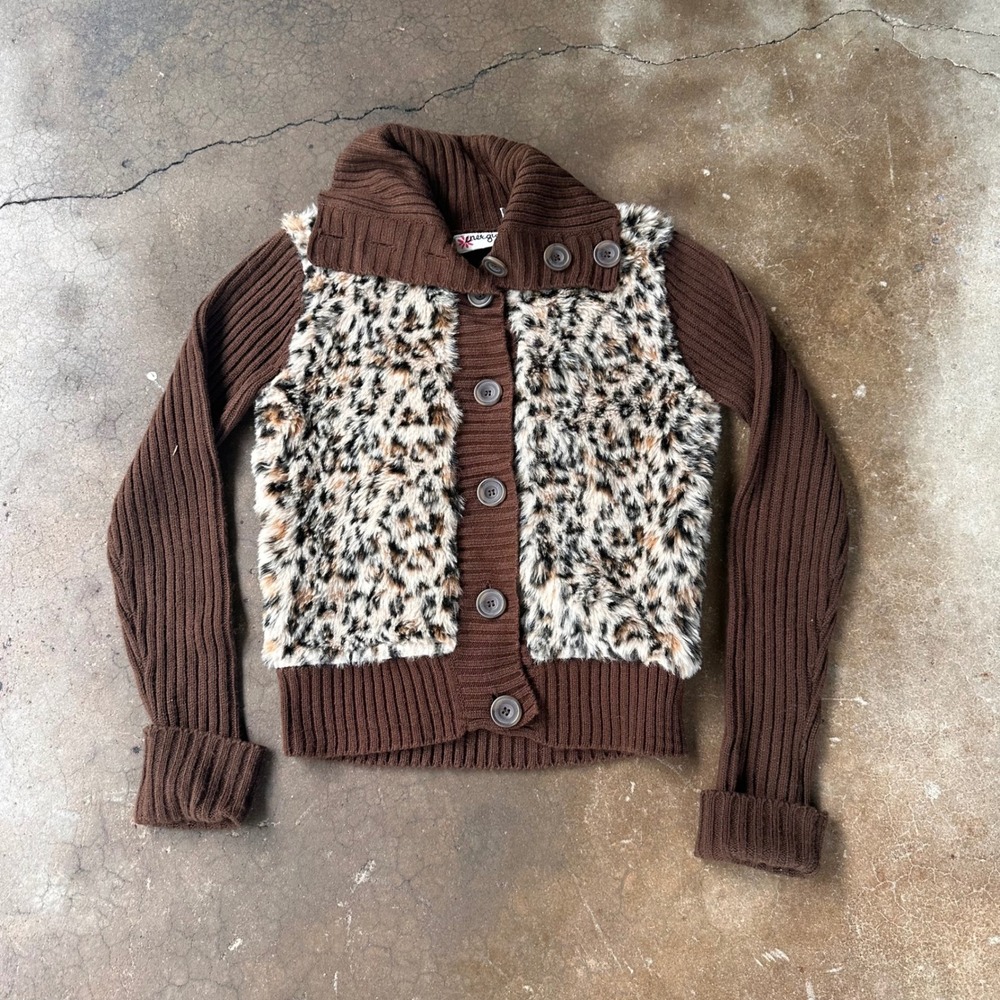 Energie Cardigan Women L Brown Excellent Faux Fur Leopard Print Ribbed Knit Y2K